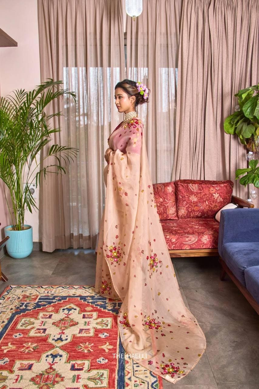 Soft Tabi Floral Print Saree with Cut Dana Handwork, Summer Party Wear Chinon Blouse