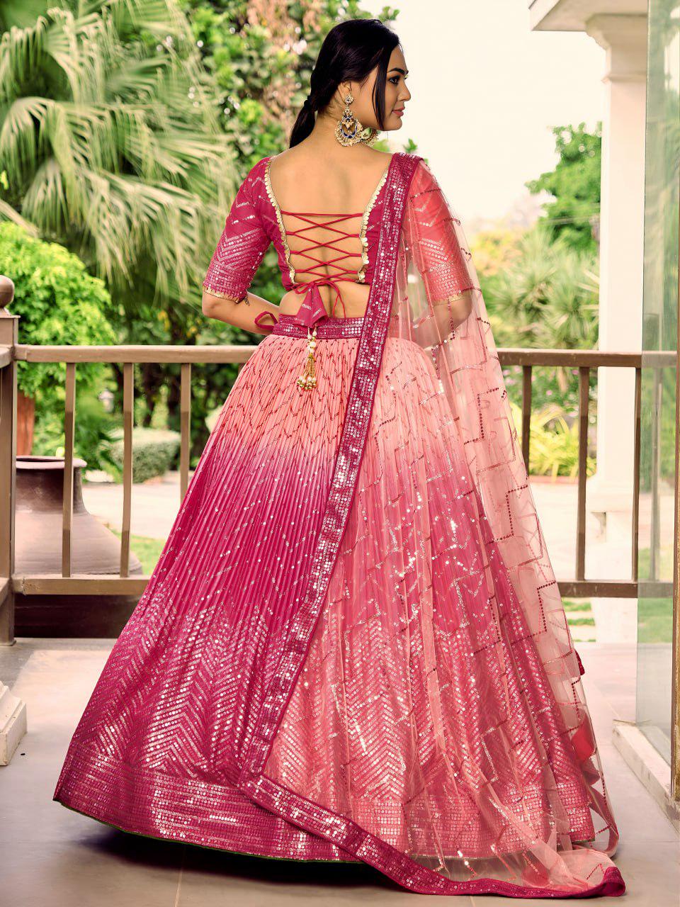 Pink Chinnon Lehenga Choli Set | Sequin Embroidered Wedding A-Line Lehenga, Soft Net Dupatta