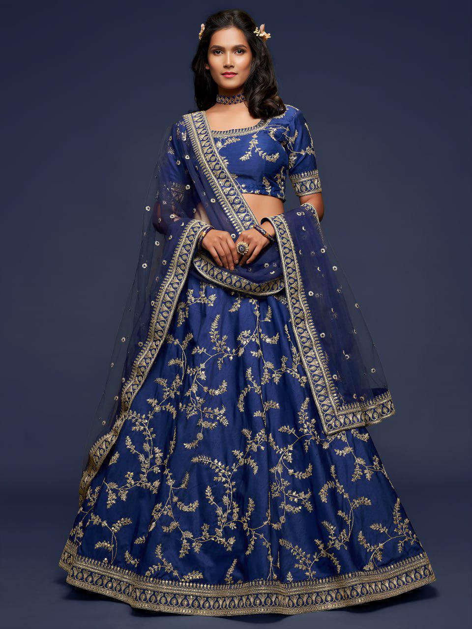 Navy Blue Art Silk Lehenga Choli Set | Zari Dori Sequins Embroidery, Net Dupatta