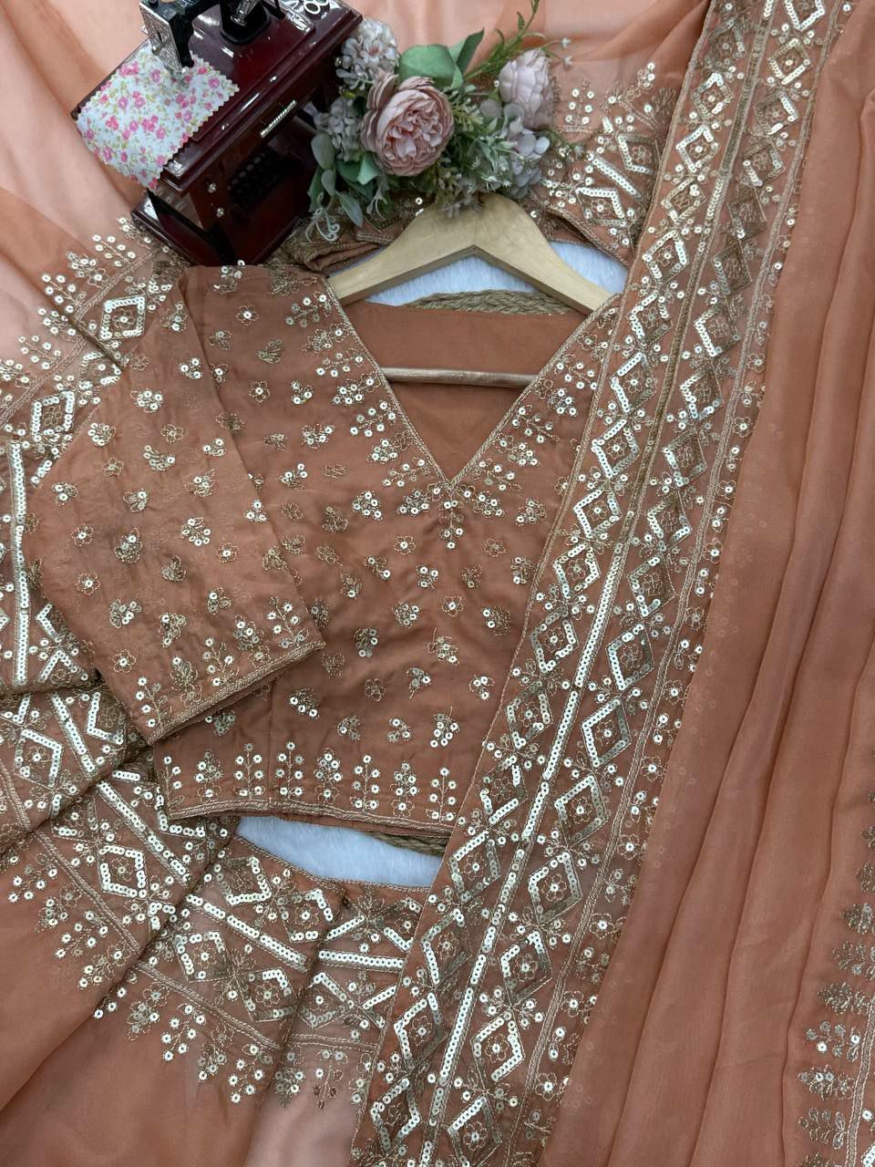 Tibby Silk Saree | Thread Sequin Embroidery, Festive Party Wear, Unstitched Blouse Piece