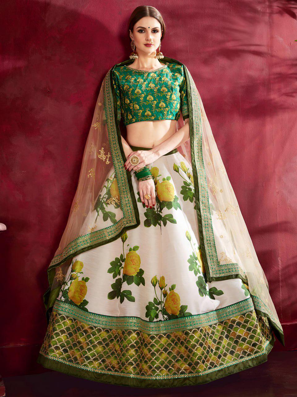 Ivory Floral Lehenga Choli | Green Embroidered Blouse, Net Dupatta, Semi-Stitched Wedding Wear