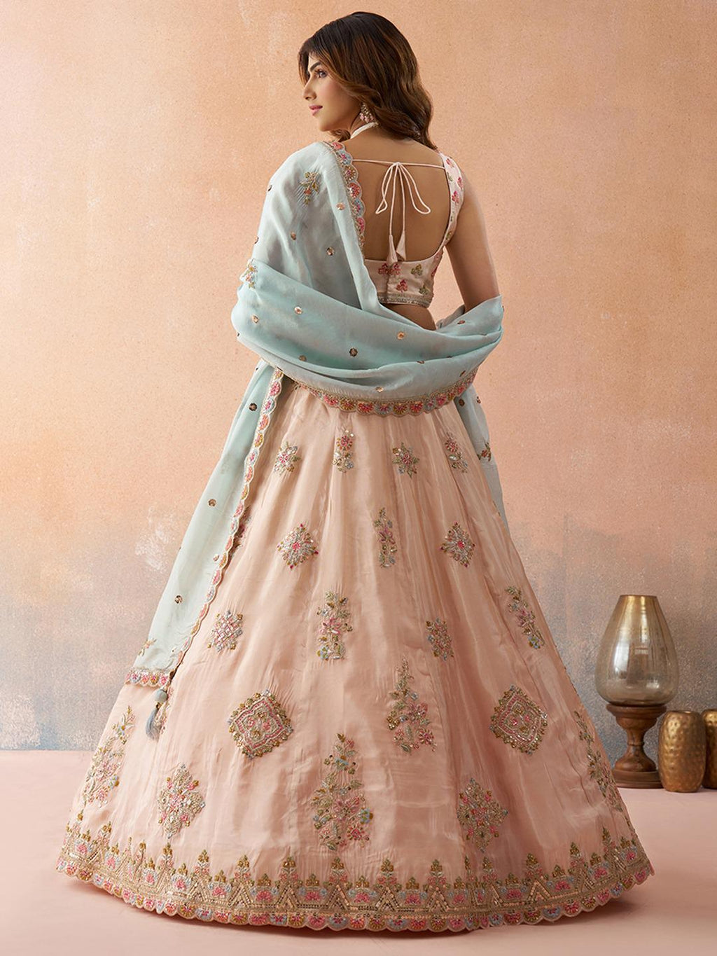 Peach Tissue Lehenga Choli, Zari Embroidery, Sky Dupatta, Wedding Party Wear