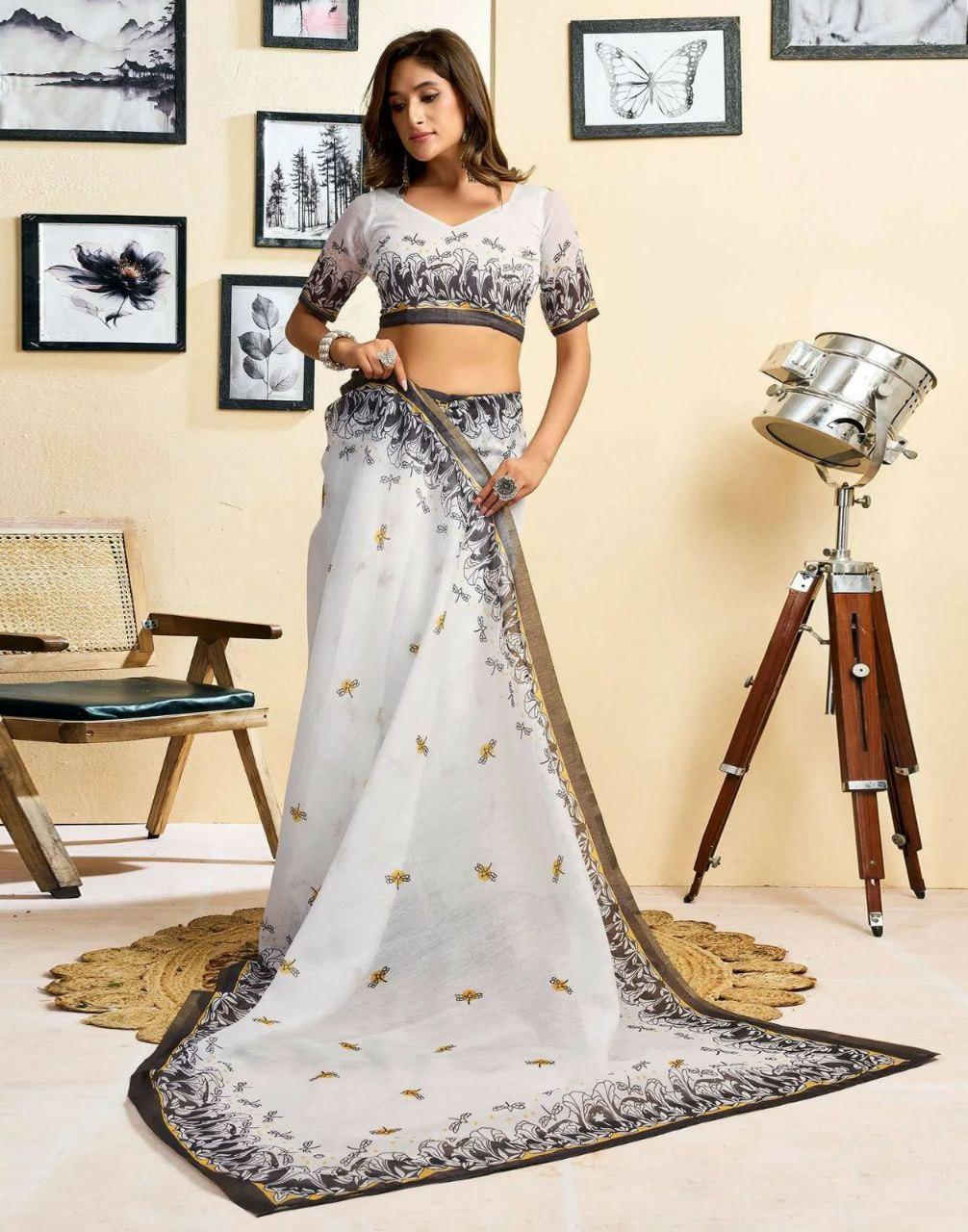 White Black Stripe Linen Cotton Saree | Printed Pallu, Office Wear, Lightweight Indian Saree