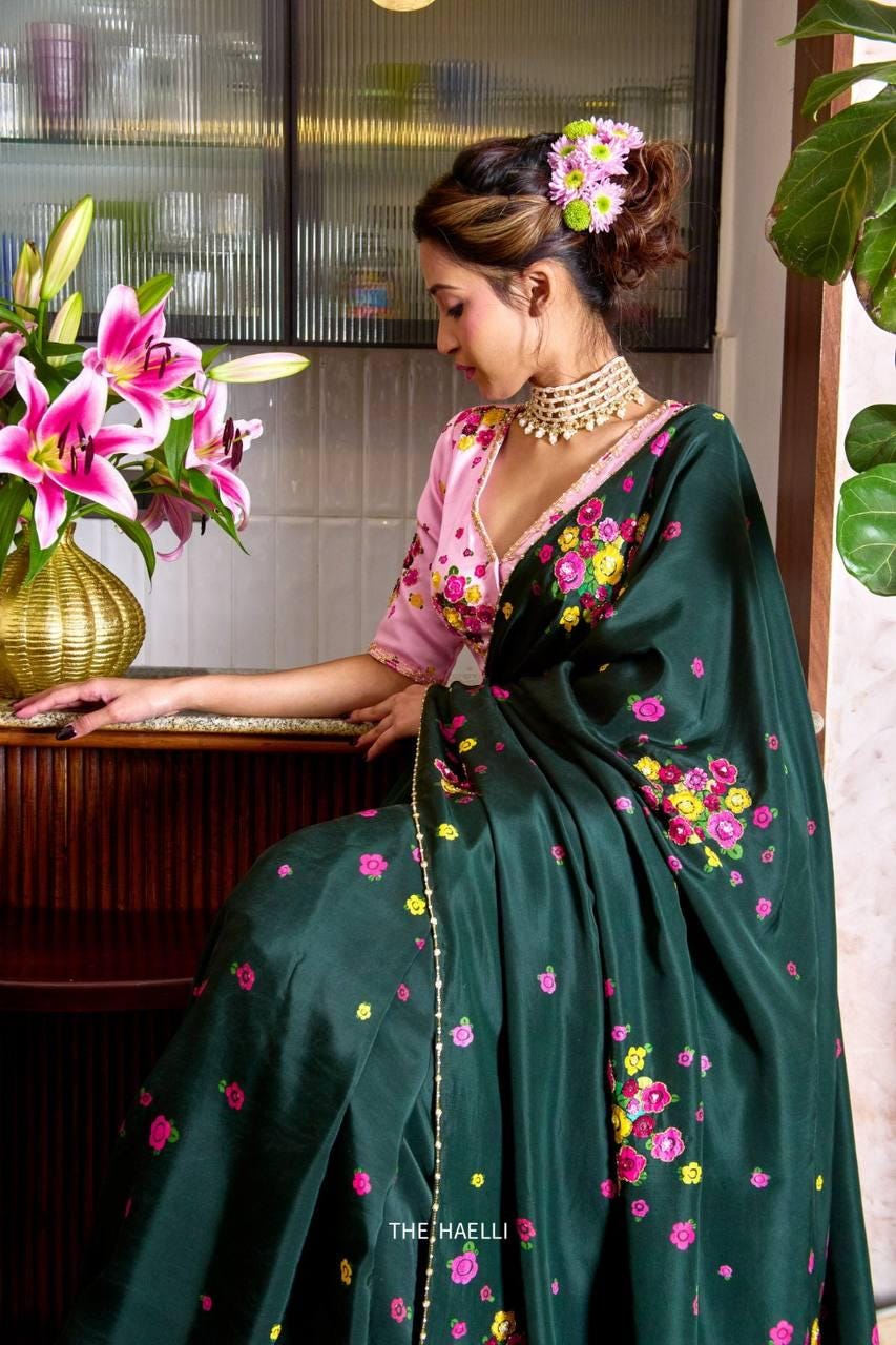 Floral Print Tabi Saree with Cut Dana Handwork, Chinon Blouse, Summer Party Wear