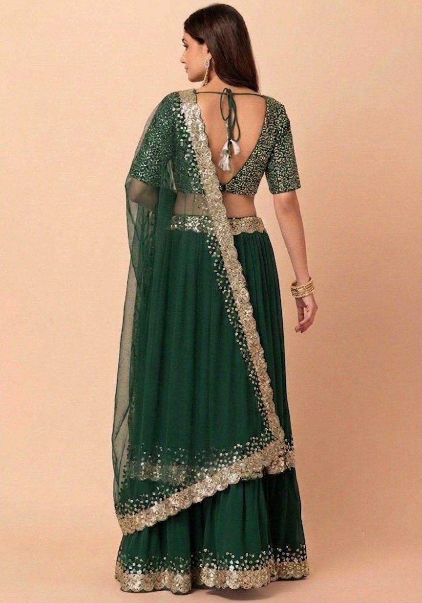 Emerald Georgette Lehenga Choli Set, Zari Sequin Embroidery, Wedding Party Wear