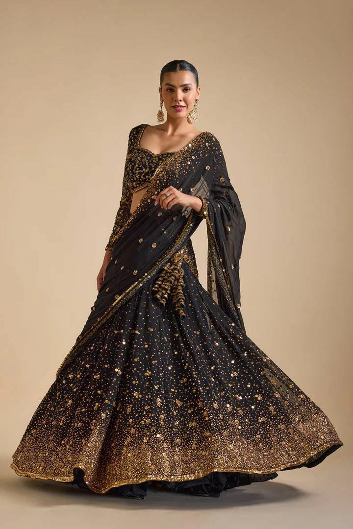 Georgette Lehenga Choli Set, Embroidery Sequins Hand Diamond Work, Semi Stitched Dupatta