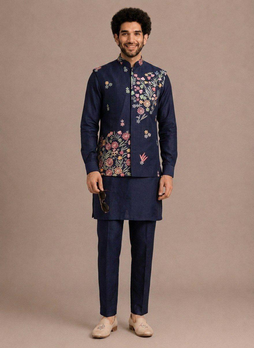 Men's Roman Silk Kurta Pant Set with Embroidered Koti | Festive Ethnic Outfit