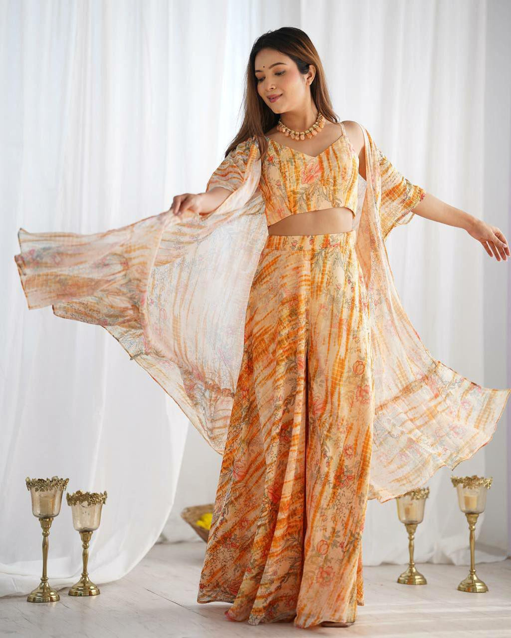Floral Print Shrug Set, Crop Top Palazzo Co Ord, Fox Georgette Ethnic Outfit