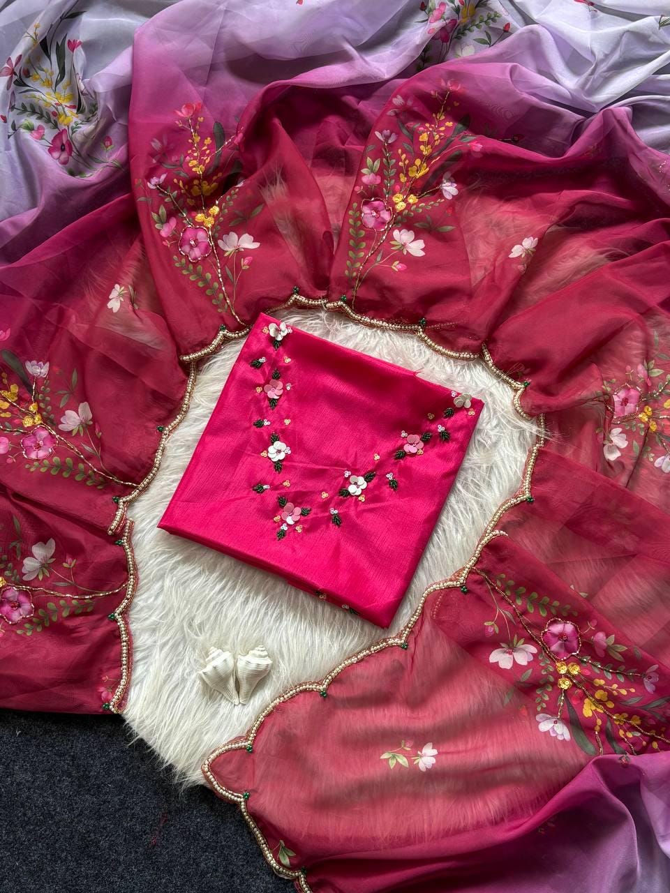 Floral Print Tabi Saree with Cut Dana Handwork, Chinon Blouse, Summer Party Wear