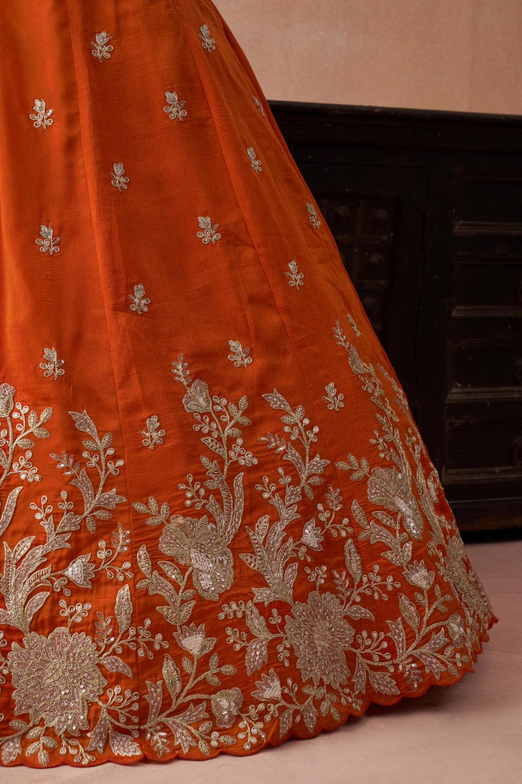 Olive Tissue Lehenga Choli Set, Sequins Zari Embroidery, Bridal Party Wear