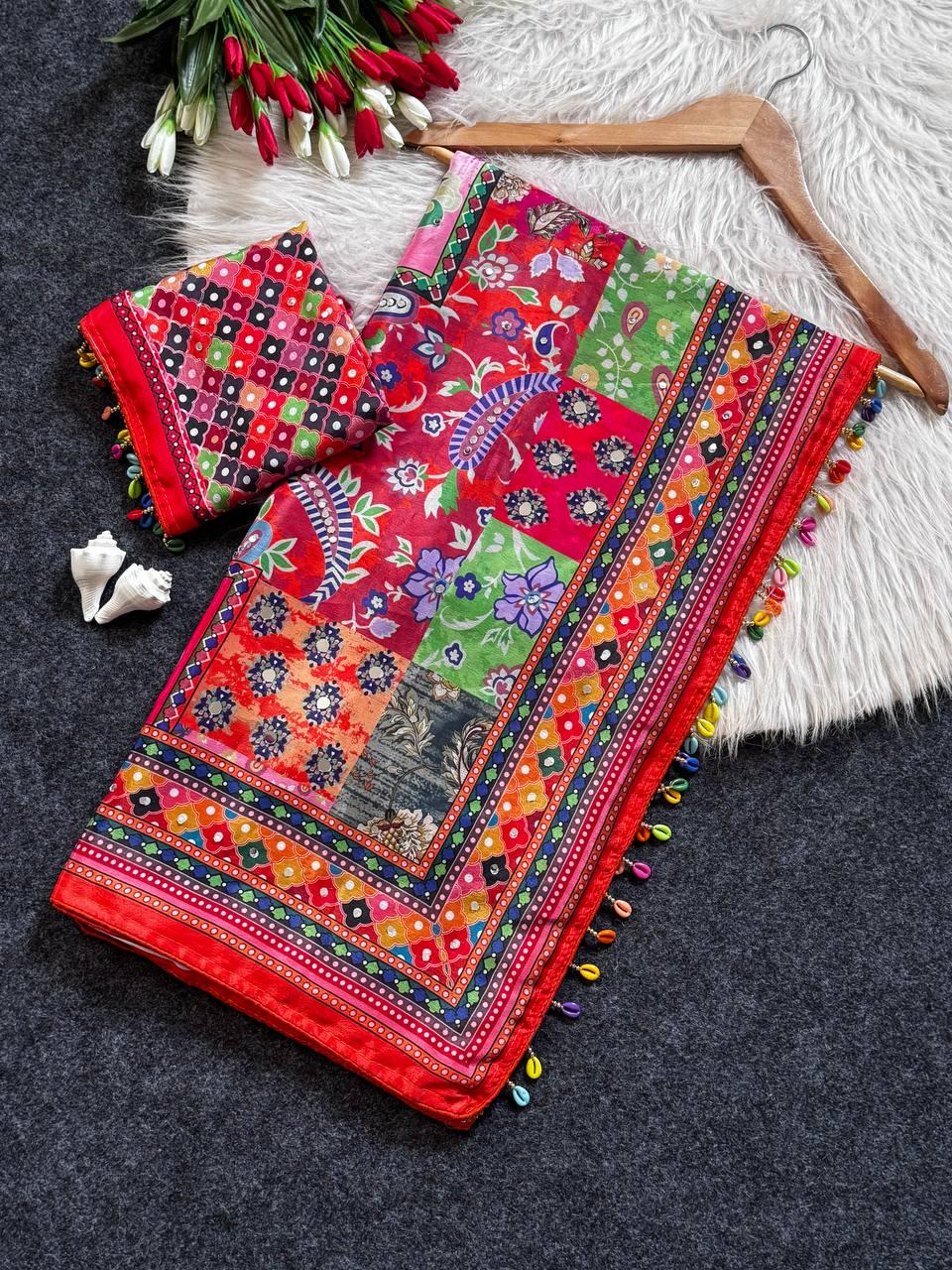 Ajrakh Print Roman Silk Saree, Real Mirror Work, Designer Ethnic Party Wear Blouse
