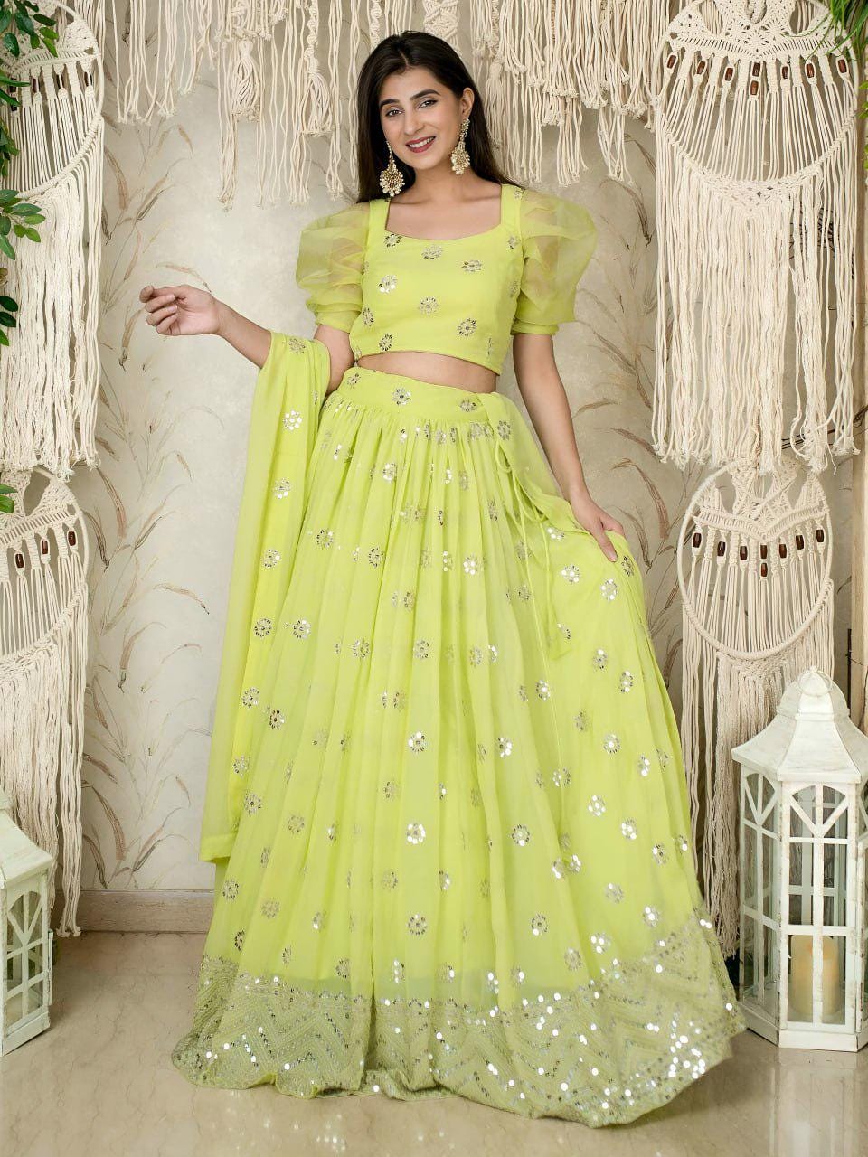 Lime Green Georgette Lehenga Choli, Sequins Zari Embroidery, Puff Sleeve Blouse