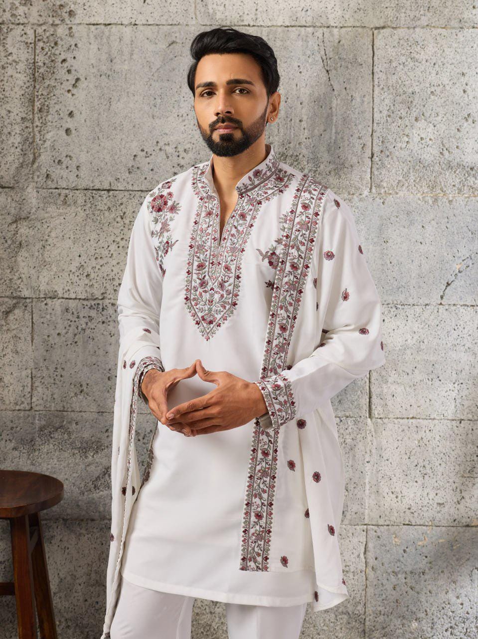 Embroidered Japanese Fabric Kurta Pant Set with Dupatta | Festive Ethnic Wear
