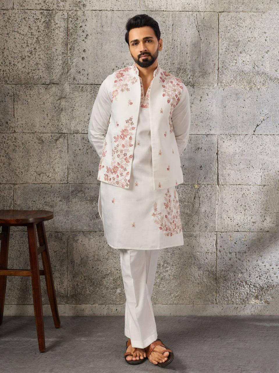 Art Silk Kurta Koti Pant Set | Mirror Work Embroidery Festive Wear