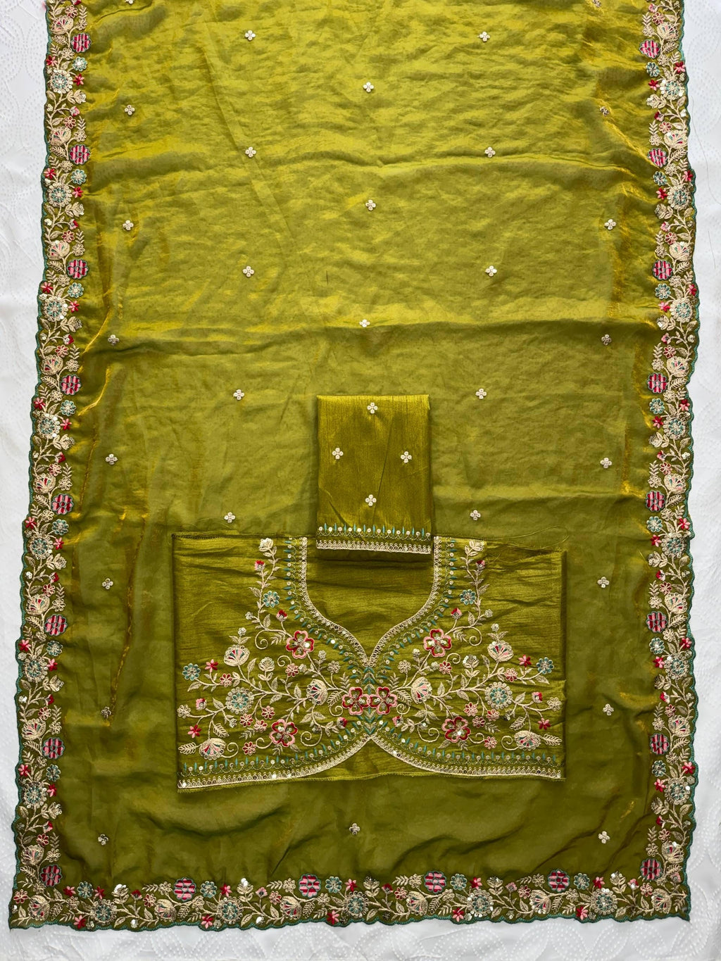 Fendy Satin Silk Saree with Embroidered Butti & Cutwork Border | Wedding Heavy Blouse