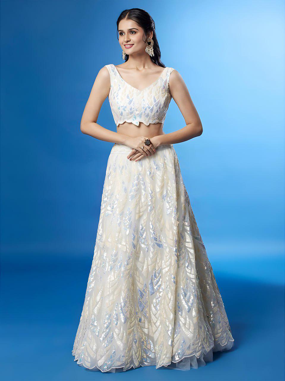 White Soft Net Lehenga Choli Set, Sequins Embroidery, Bridal Party Wear, Semi-Stitched (Wedding)