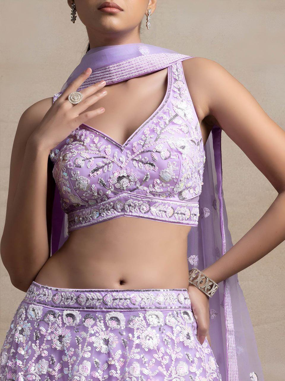 Lavender Soft Net Lehenga Choli Set | Floral Embroidery Wedding Outfit
