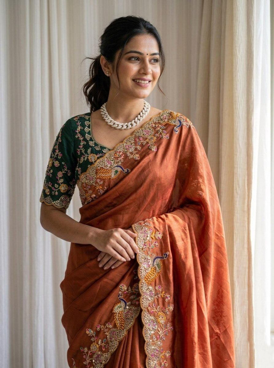 Rangoli Silk Saree | White Coding, Multi Embroidery, C-Pallu, Cutwork Border, Unstitched Blouse