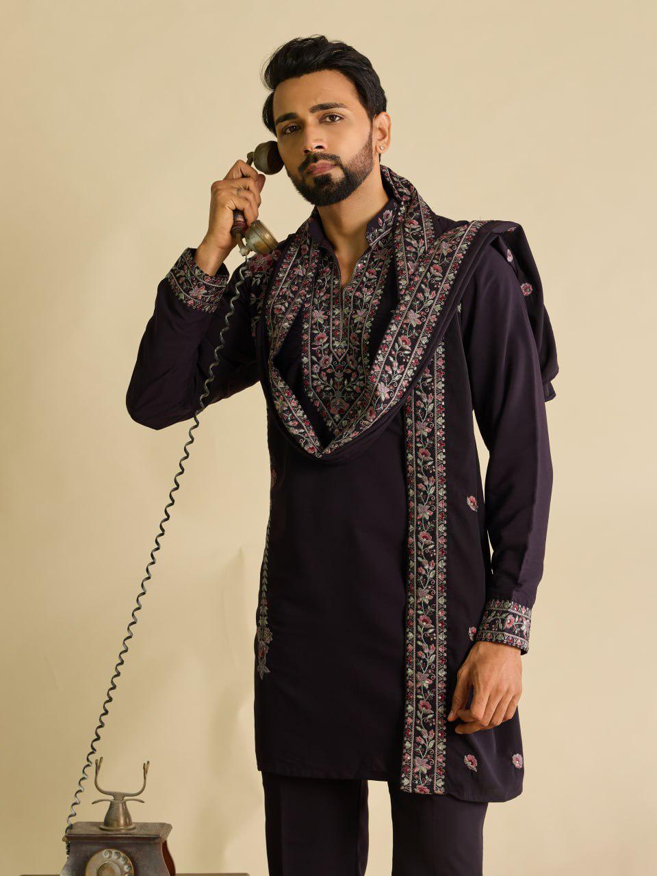 Embroidered Japanese Fabric Kurta Pant Set with Dupatta | Festive Ethnic Wear