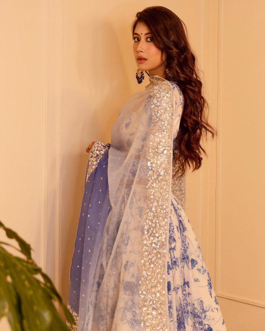 Georgette Lehenga Choli Set, Digital Print, Slub Silk Blouse, Organza Dupatta