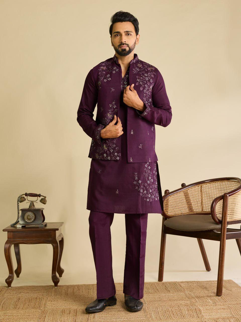 Art Silk Kurta Koti Pant Set | Mirror Work Embroidery Festive Wear
