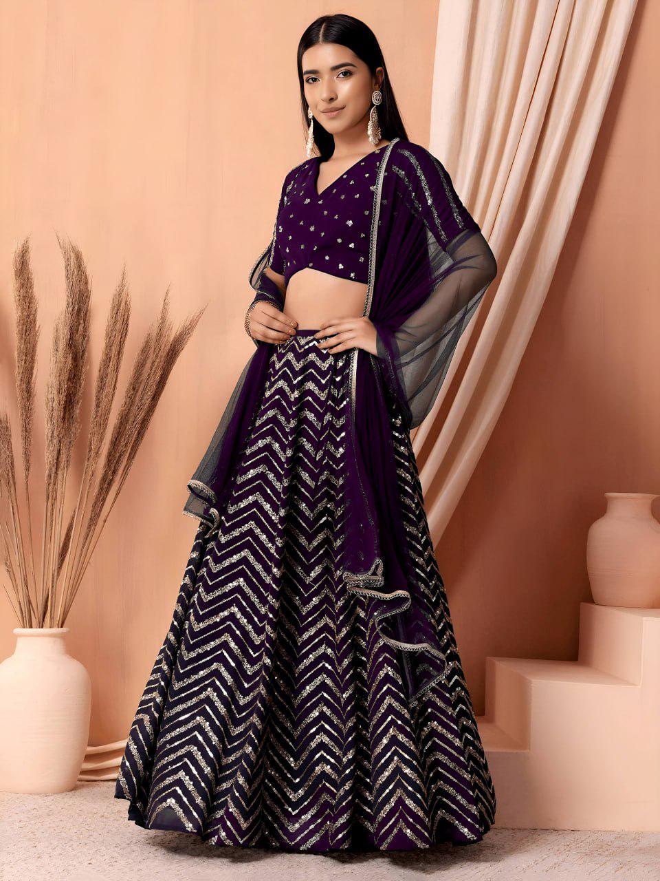 Deep Purple Georgette Lehenga Choli Set | Zari Sequin Embroidered Wedding Party Wear Net Dupatta