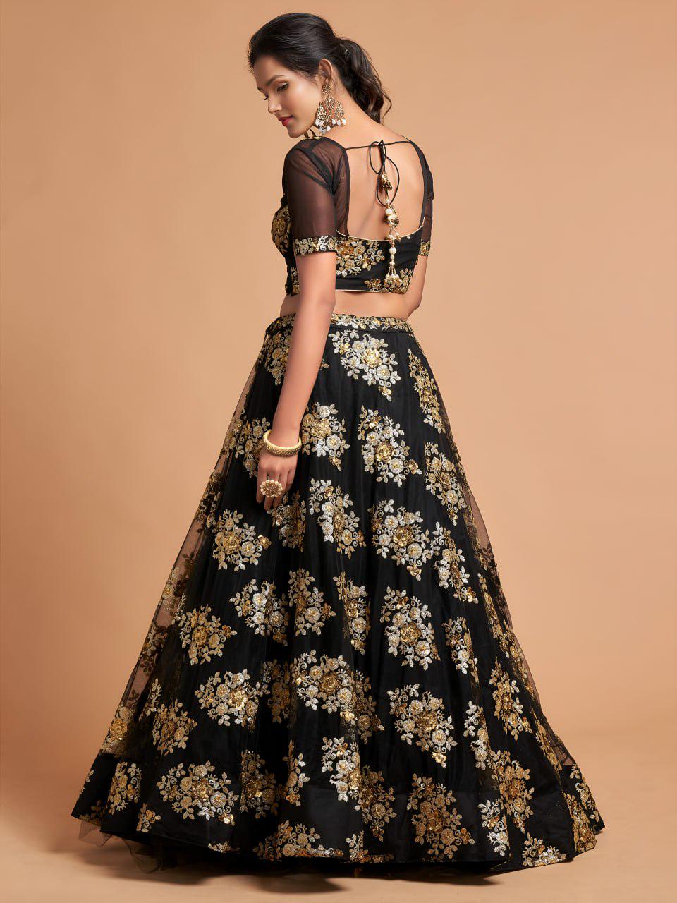 Black Net Lehenga Choli with Zari Sequins Embroidery | Indian Wedding Party Wear Set