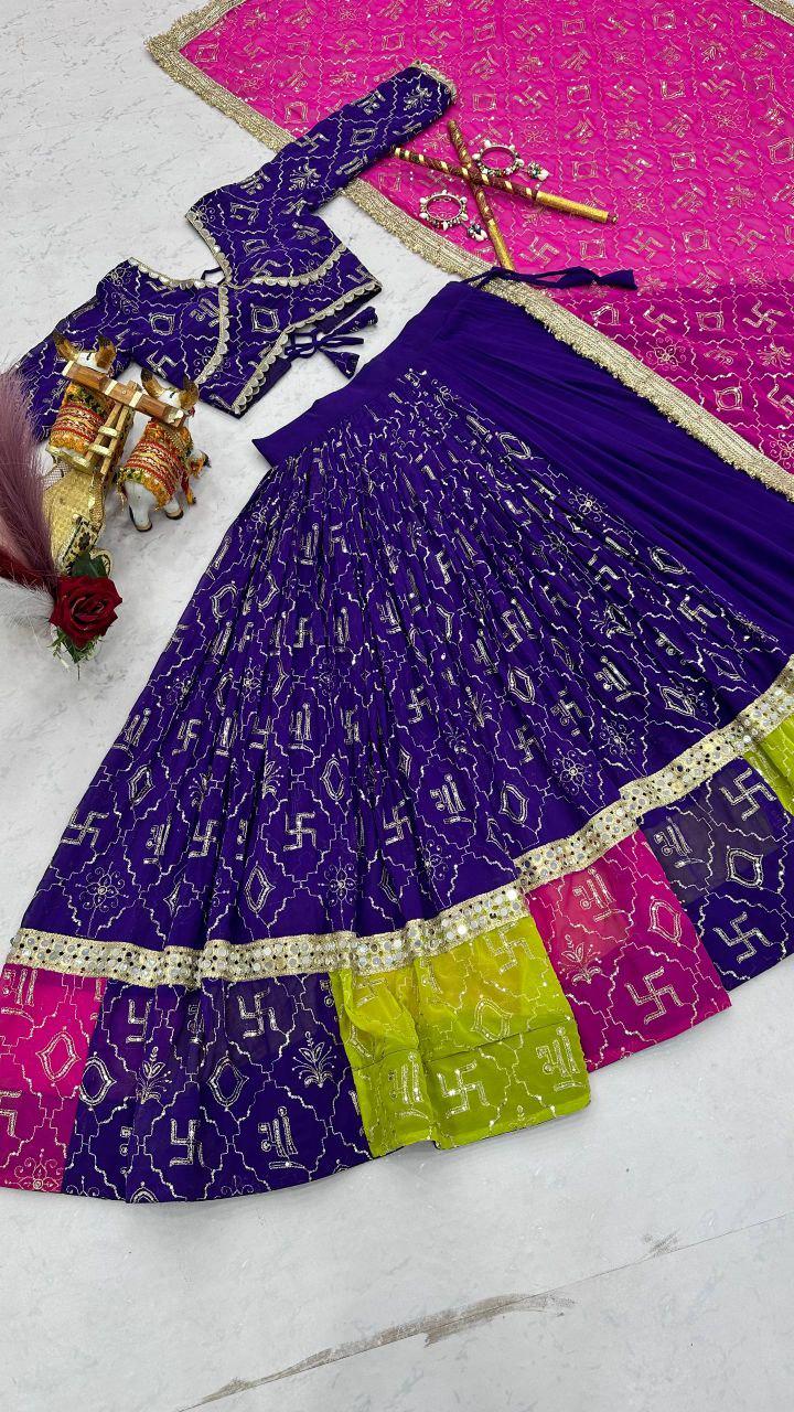 Embroidered Fox Georgette Lehenga Choli Set | 6 Meter Flare, Mirror Lace, Navratri Garba Outfit