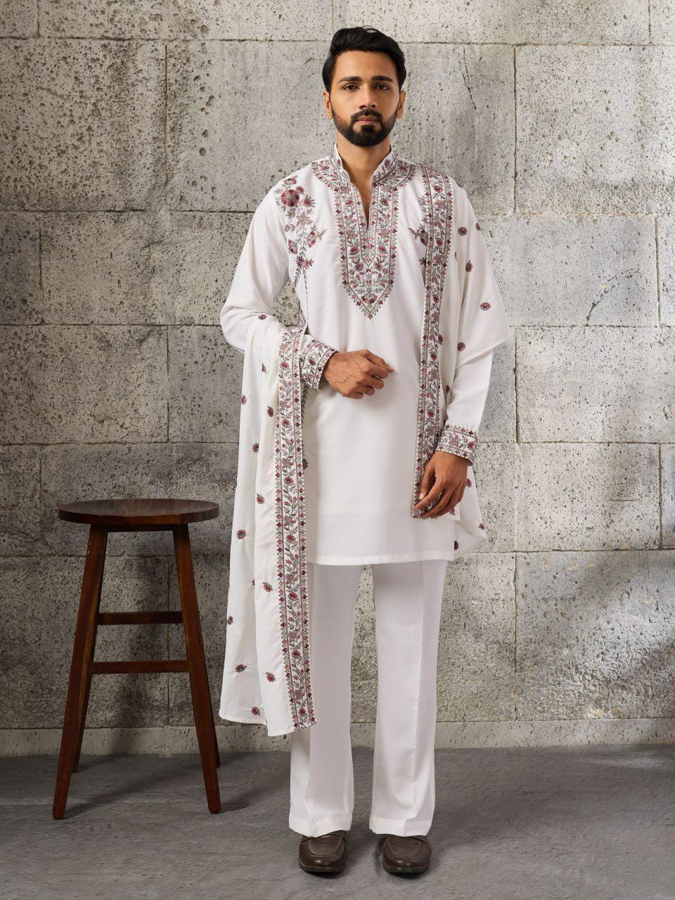 Embroidered Japanese Fabric Kurta Pant Set with Dupatta | Festive Ethnic Wear