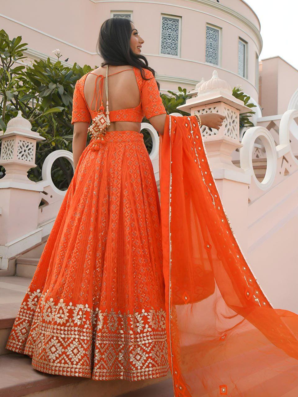 Orange Georgette Lehenga Choli Set | Embroidered Gottapatti, Sequins | Semi-Stitched Outfit, Organza Dupatta