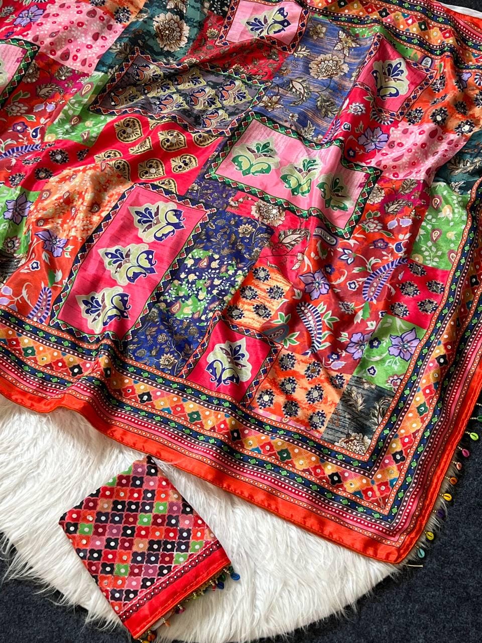 Ajrakh Print Roman Silk Saree, Real Mirror Work, Designer Ethnic Party Wear Blouse