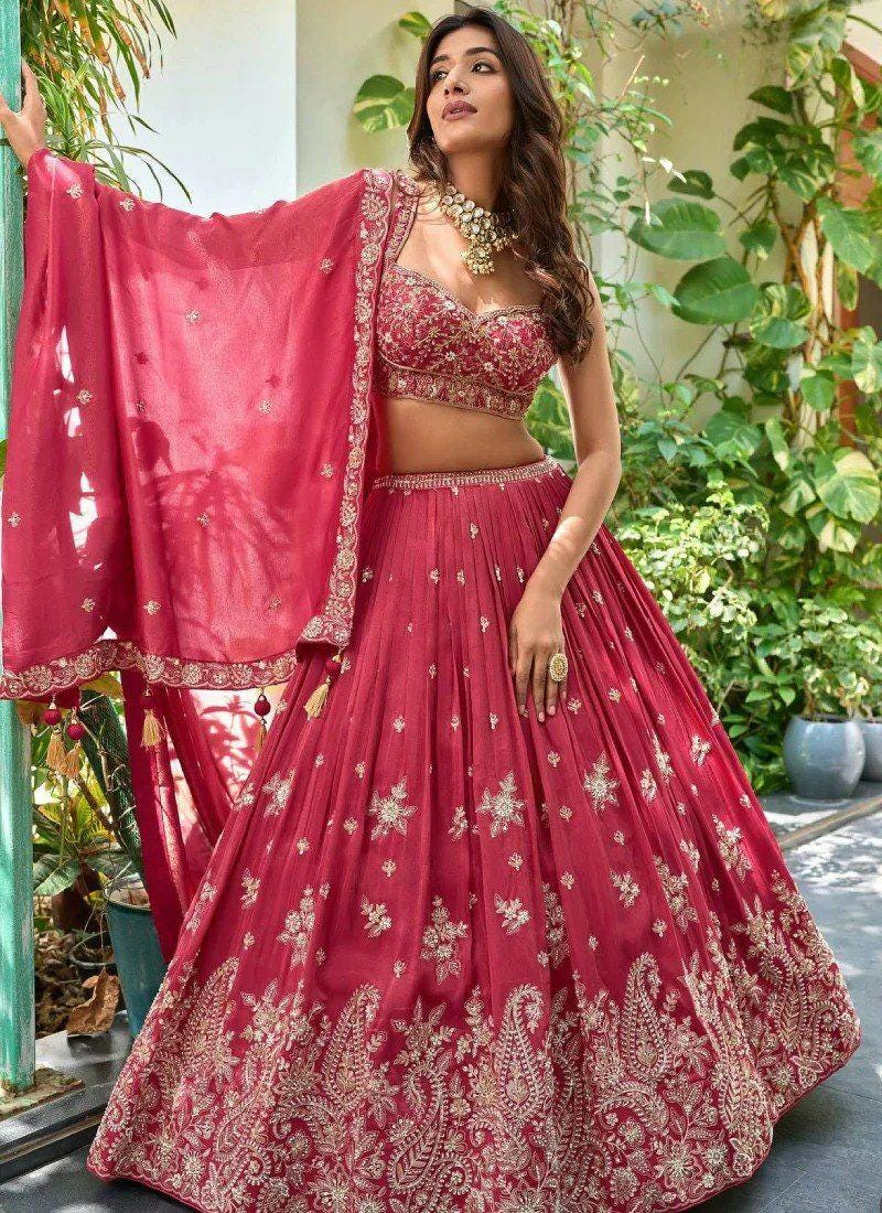 Chinon Lehenga Choli Set, Zari Dori Sequins Embroidery, Semi Stitched Bridal Wear