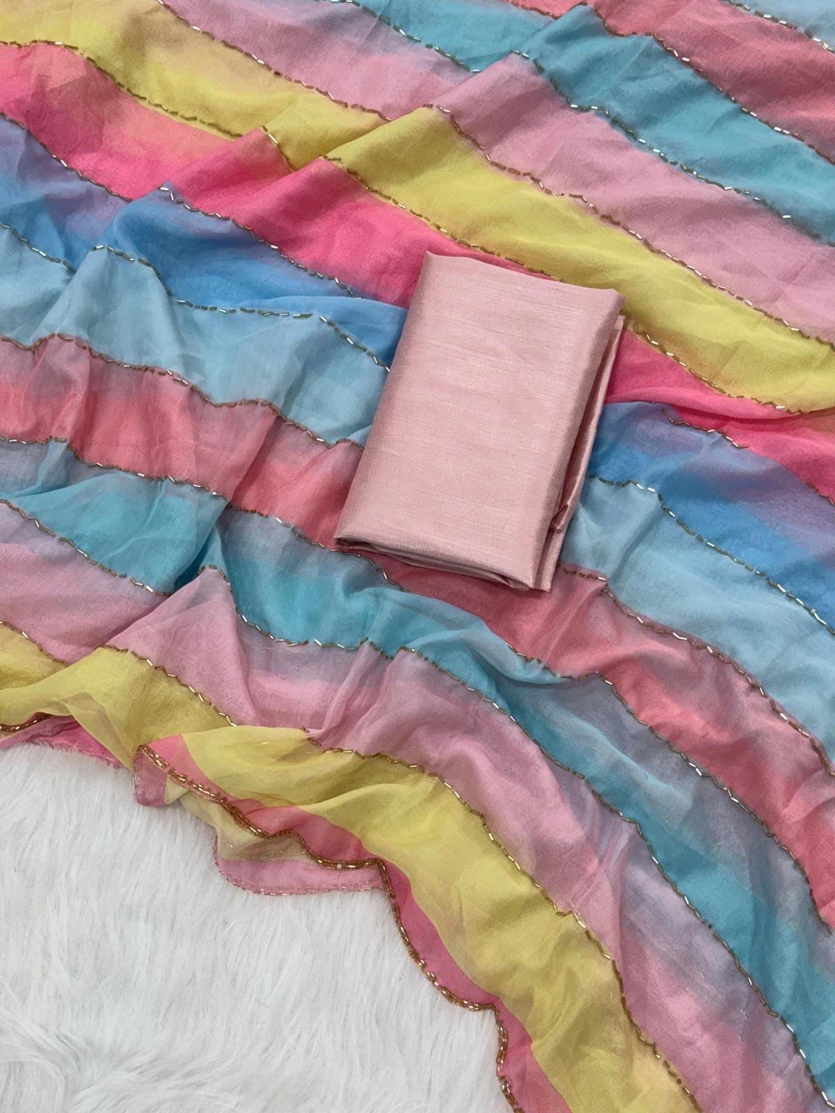 Soft Tabby Organza Saree, Multi Print, Beads Katdana Handwork Border, Jalpari Silk Blouse