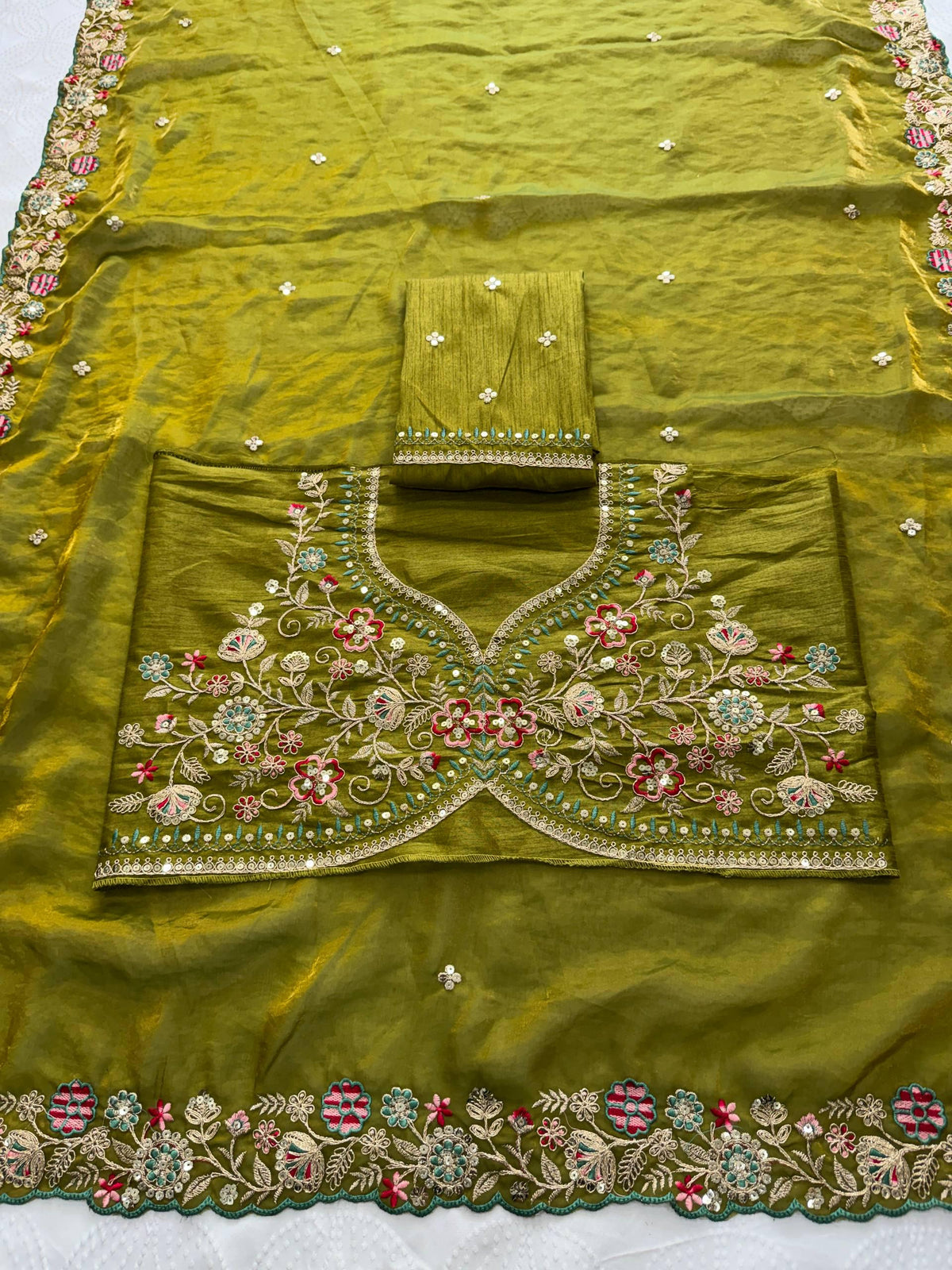 Fendy Satin Silk Saree with Embroidered Butti & Cutwork Border | Wedding Heavy Blouse