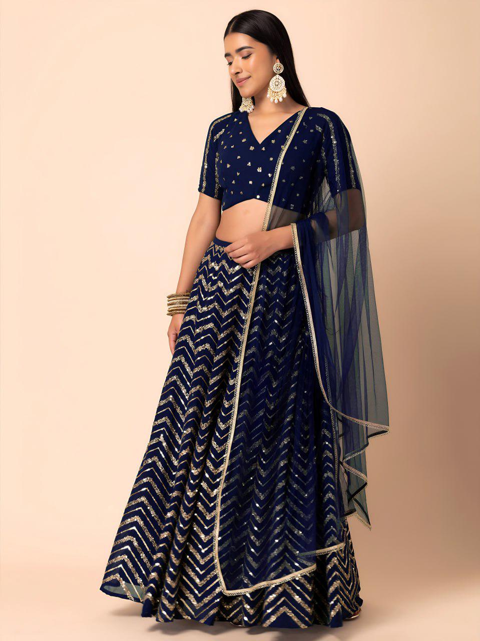 Deep Navy Georgette Lehenga Choli Set | Sequin Embroidered Wedding Party Wear (Semi-Stitched)