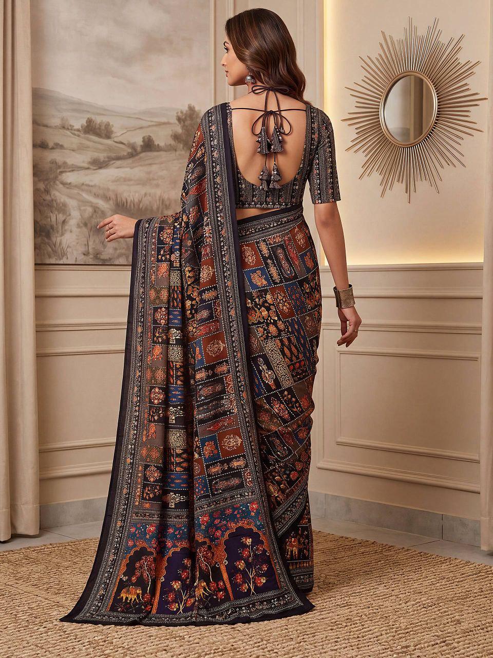 Chinon Ajrak Print Saree with Real Mirror Work | Wedding Festive Wear (Unstitched Blouse)