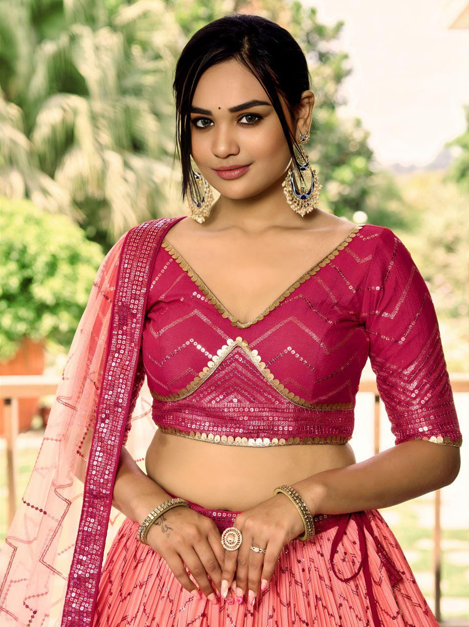 Pink Chinnon Lehenga Choli Set | Sequin Embroidered Wedding A-Line Lehenga, Soft Net Dupatta
