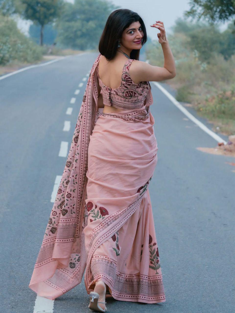 Dusty Rose Pink Floral Linen Cotton Saree