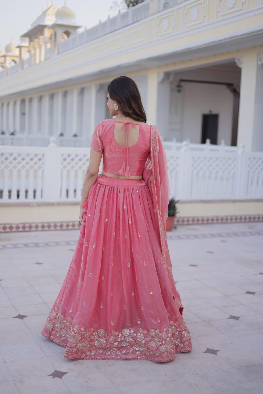 Fendi Silk Lehenga Choli Set, Sequins Zari Embroidery, Fully Stitched Wedding Outfit