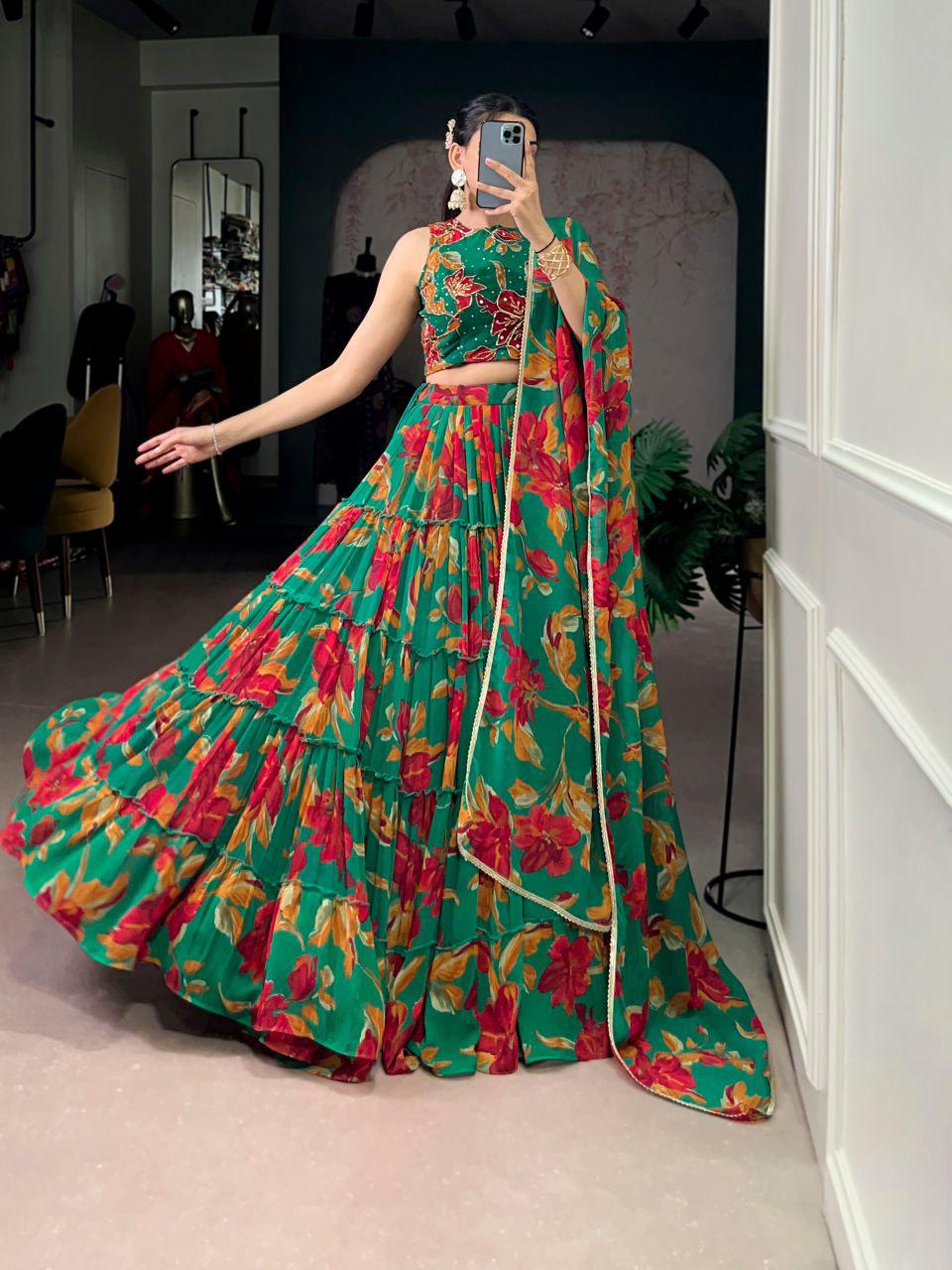 Floral Marble Lehenga Set, Lace Border Dupatta, 12 Meter Flair, Wedding Wear