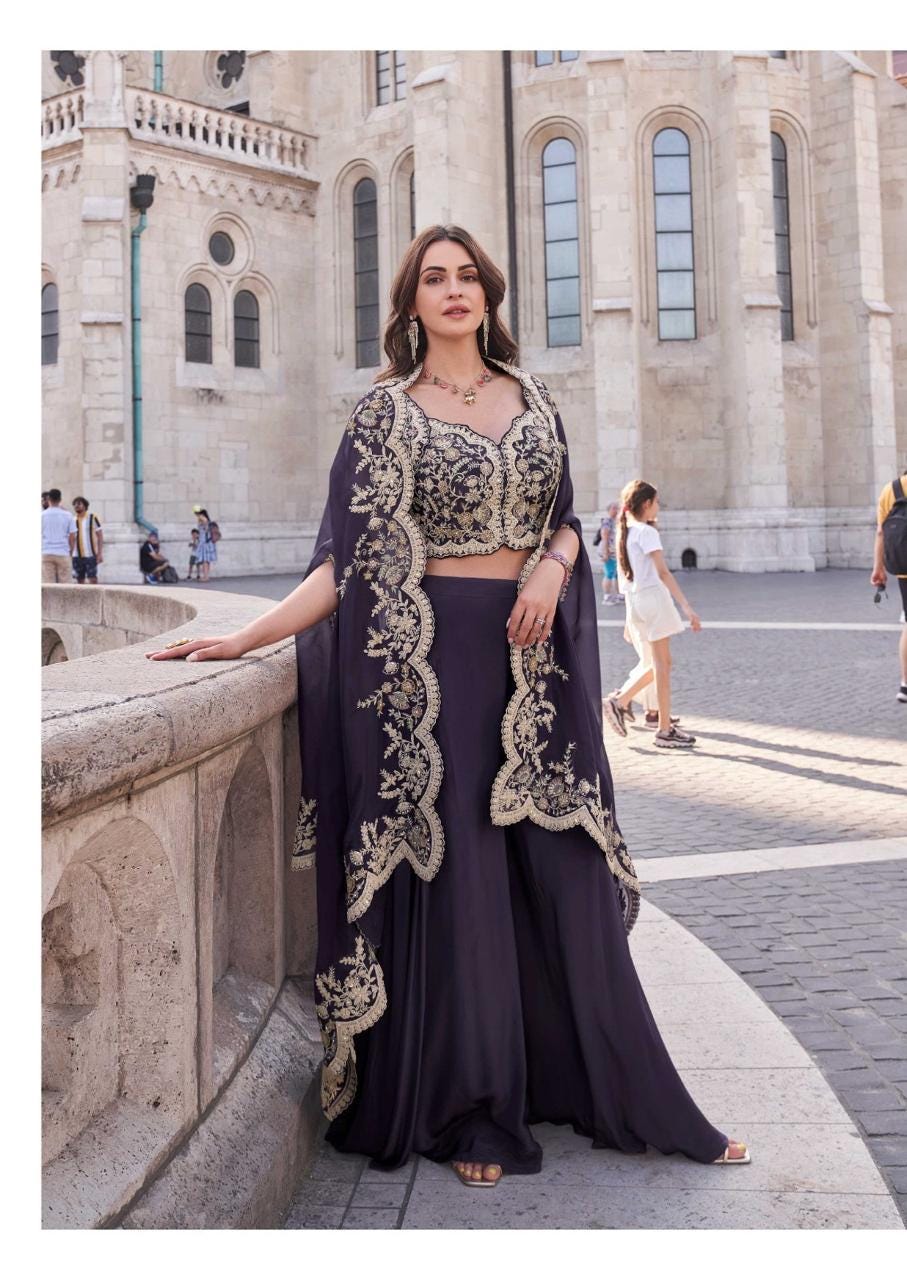 Jannat Platinum 4 Piece Silk Set, Embroidered Ethnic Indian Party Wear Outfit