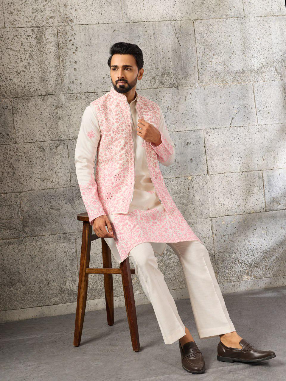 Art Silk Kurta Koti Set | Real Mirror Multi Thread Embroidery Wedding Outfit