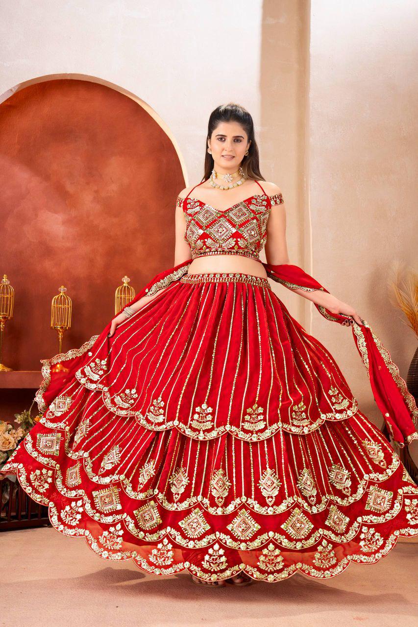 Red Faux Georgette Lehenga Choli | Sequins Zari Embroidery Bridal Set
