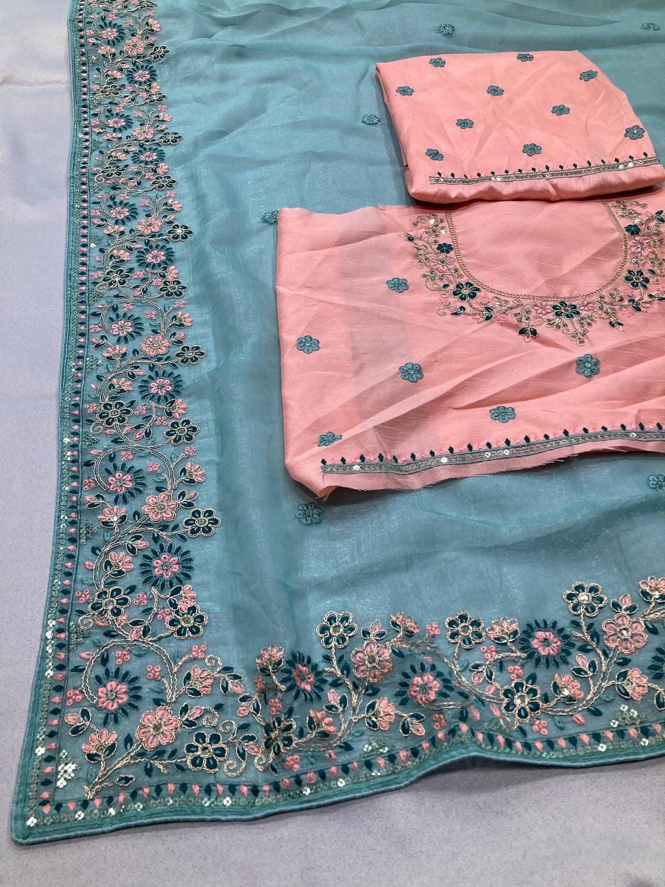 Crunchy Silk Saree, C-Pallu Embroidery, Cutwork Border, Heavy Blouse Piece