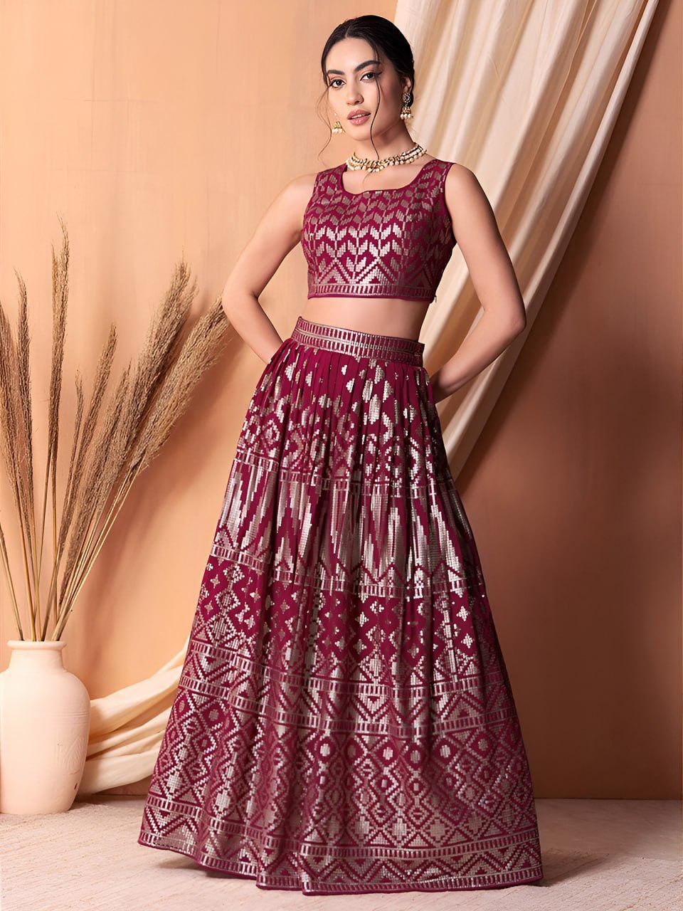 Ruby Pink Georgette Lehenga Choli Set | Sequin Embroidered Wedding Party Wear (Semi-Stitched)