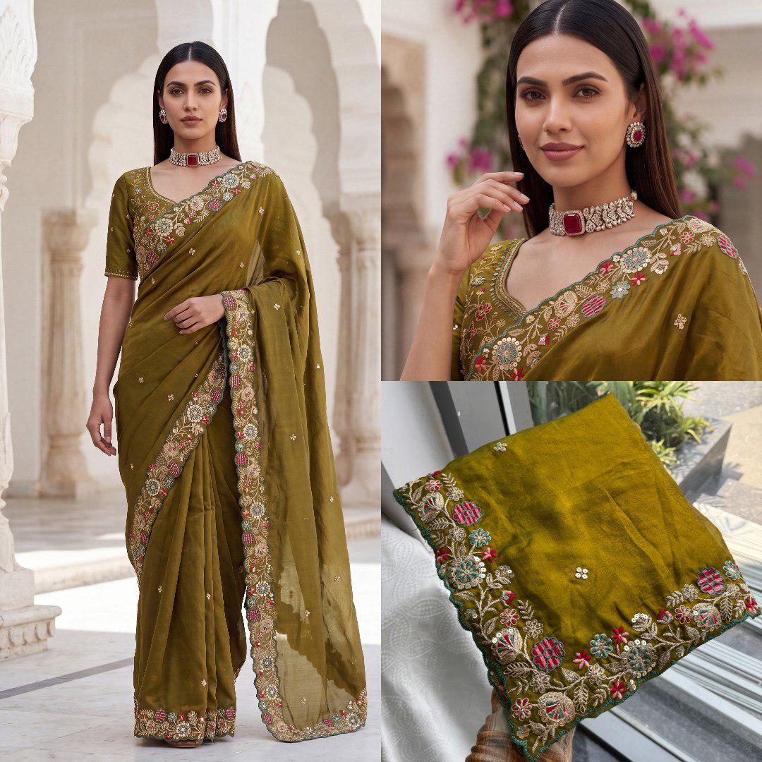 Fendy Satin Silk Saree with Embroidered Butti & Cutwork Border | Wedding Heavy Blouse