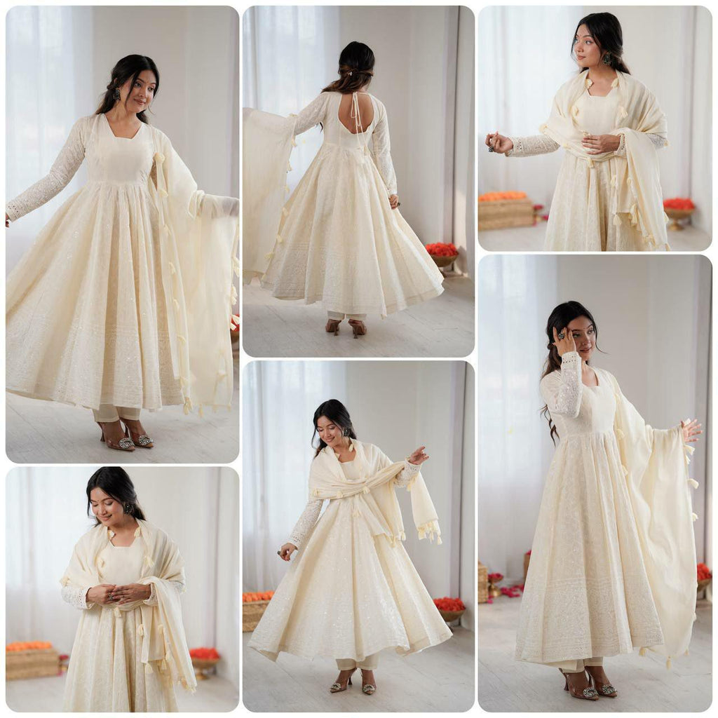 Pure Kora Cotton Anarkali Gown Set, Schiffli Embroidery, Festive Indian Outfit