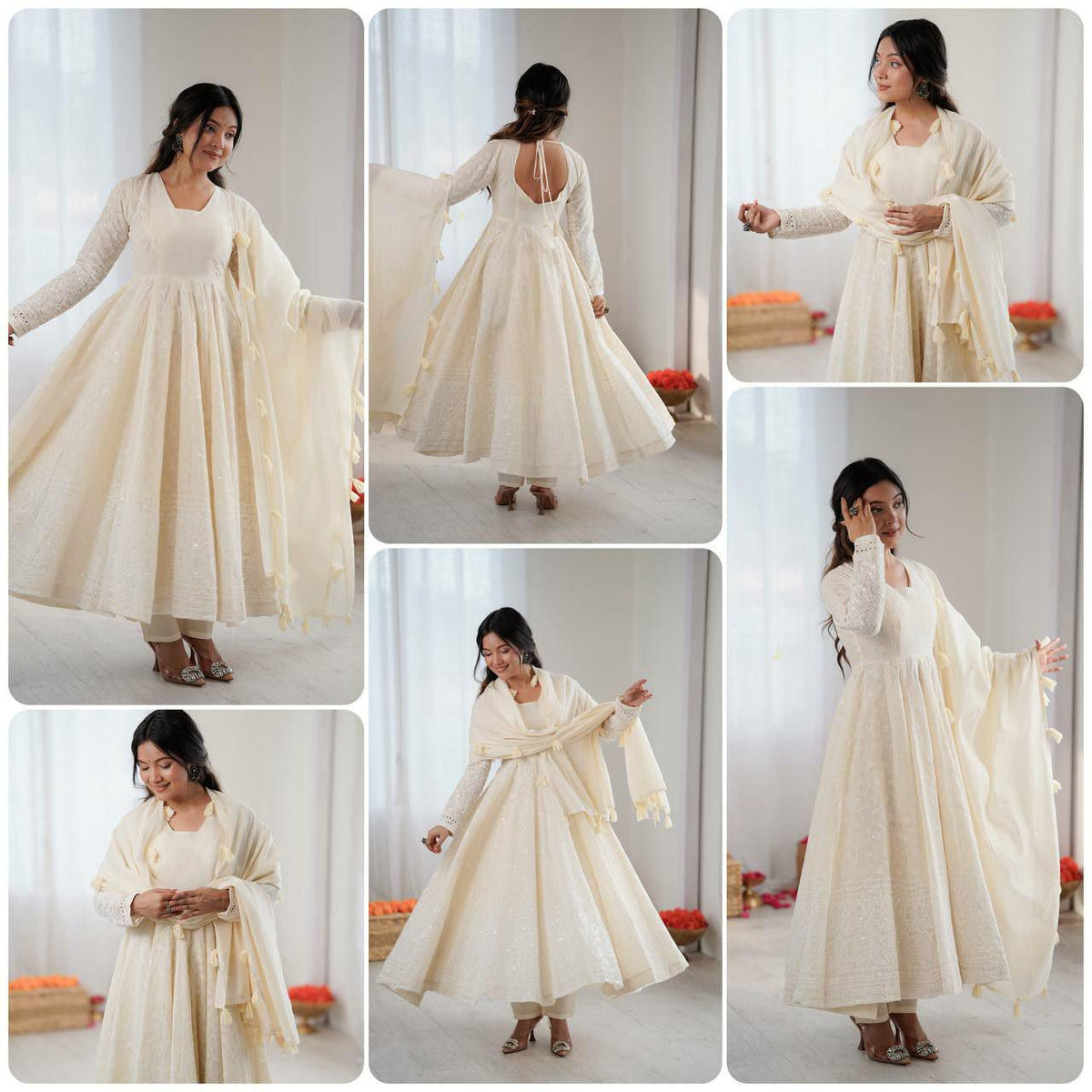 Pure Kora Cotton Anarkali Gown Set, Schiffli Embroidery, Festive Indian Outfit