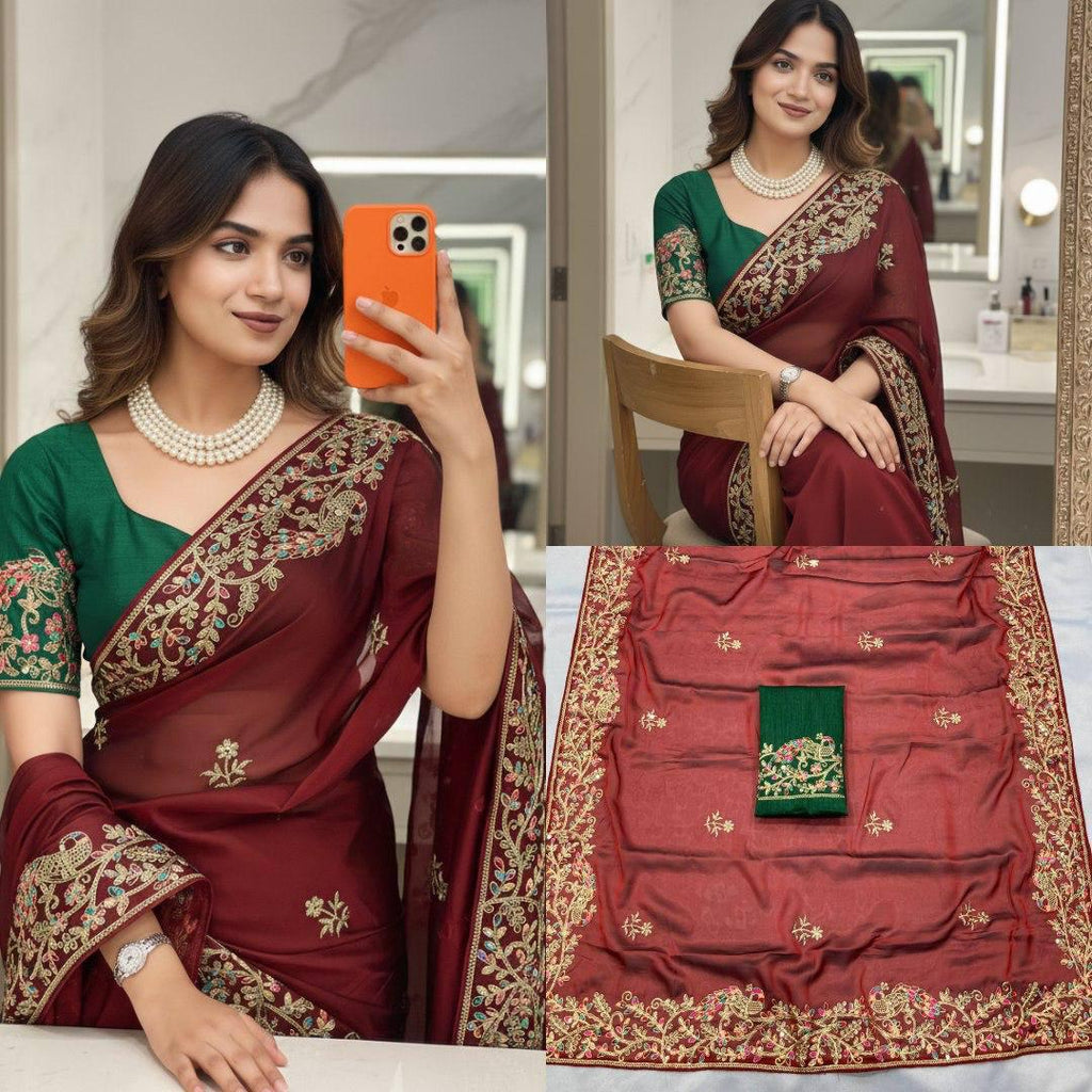 Soft Rangoli Silk Saree, Embroidered C-Pallu, Piping Border, Wedding Party Wear