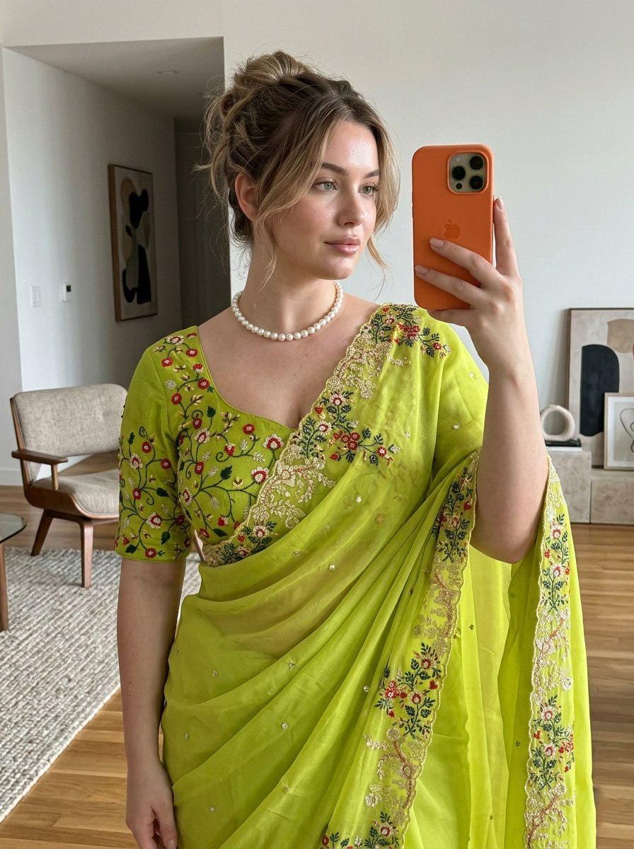 Zimmy Chu Silk Saree, Embroidered Butta, Cutwork Border, Wedding Designer Saree, Mono Banglory Blouse